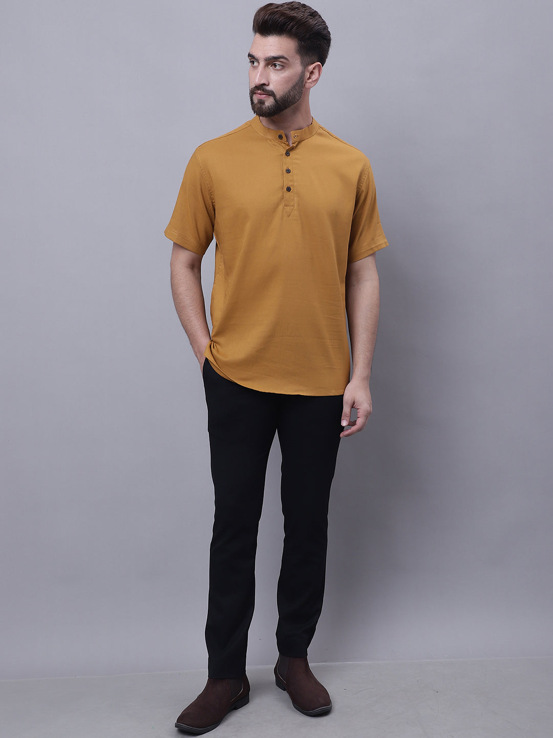 Even Apparels Brown Pure Cotton Short Kurta With Band Collar | Grocsy