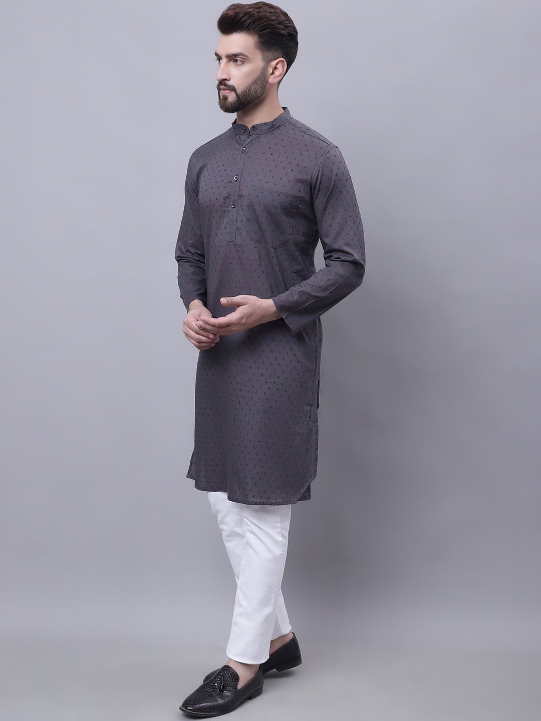 Even Apparels Grey Pure Cotton Kurta With Band Collar | Grocsy