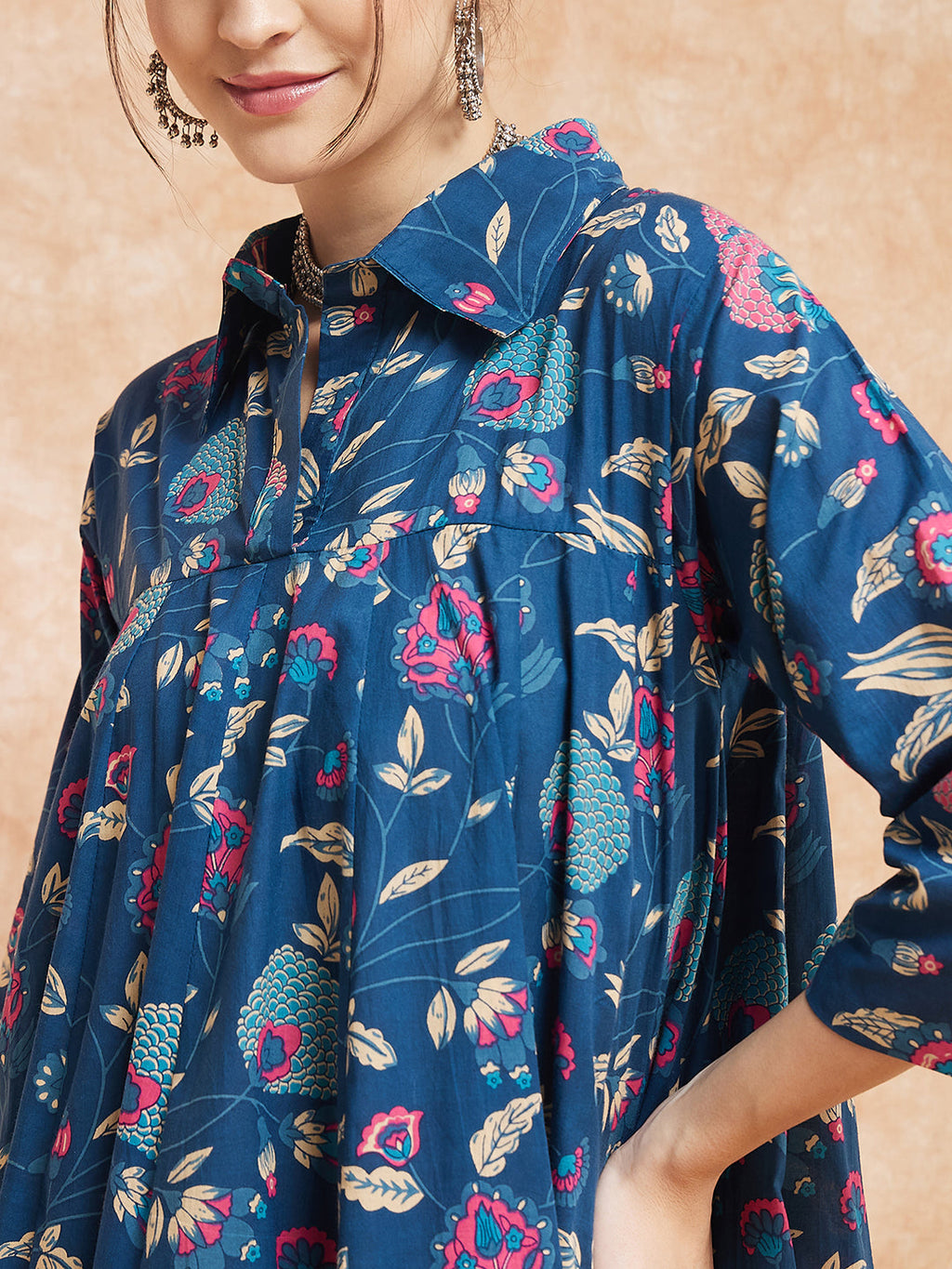 InWeave Women's Blue Pink Kalamkari Flared Dress | Grocsy