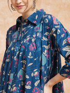 InWeave Women's Blue Pink Kalamkari Flared Dress | Grocsy