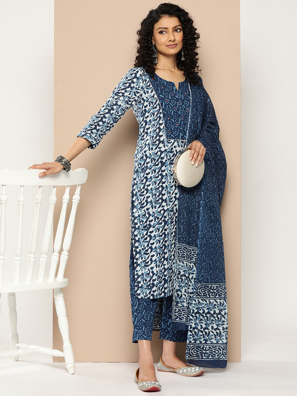 KSUT (House of Varanga) Blue And White Cotton Printed Yoke Design Kurta Paired With Printed Dupatta And Trouser | Grocsy