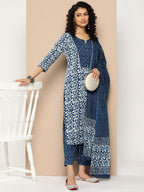 KSUT (House of Varanga) Blue And White Cotton Printed Yoke Design Kurta Paired With Printed Dupatta And Trouser | Grocsy