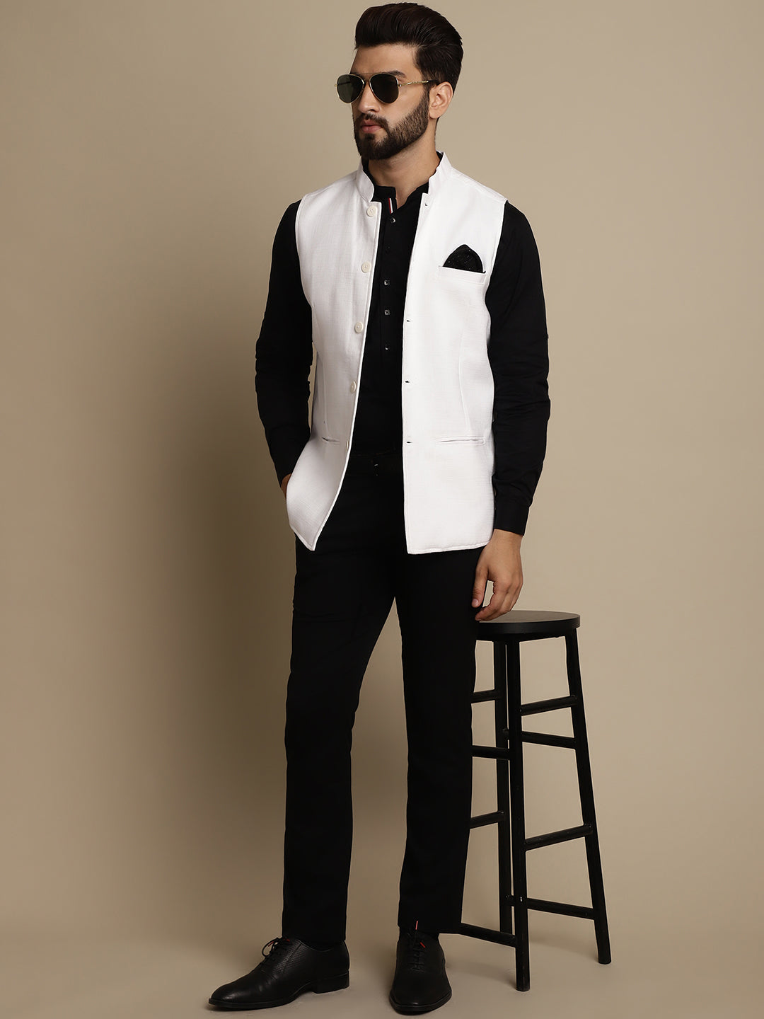 Even Apparels Men's White Mandarin Collar Waistcoat | Grocsy