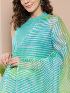 InWeave Women's Teal Lurex Boho Kurta Set With Aqua Leh Organza Dupatta | Grocsy