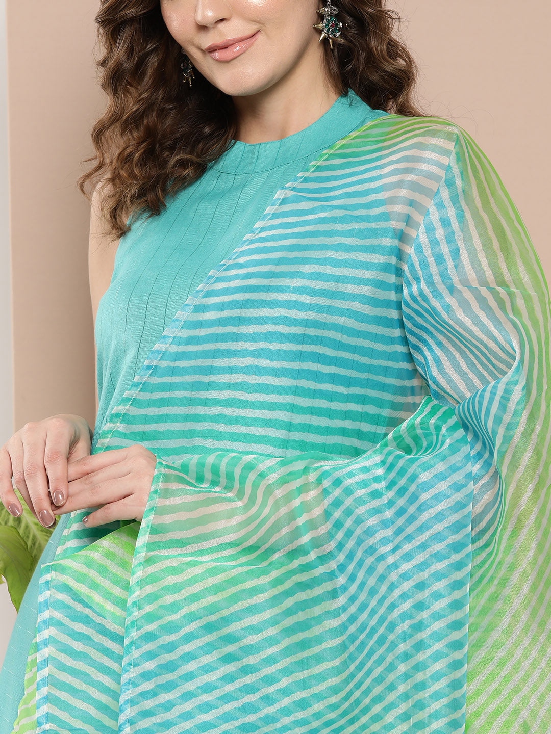 InWeave Women's Teal Lurex Boho Kurta Set With Aqua Leh Organza Dupatta | Grocsy