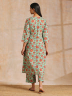 trueBrowns Seafoam Green Overall Floral Block Print Cotton Angrakha Pant Set | Grocsy