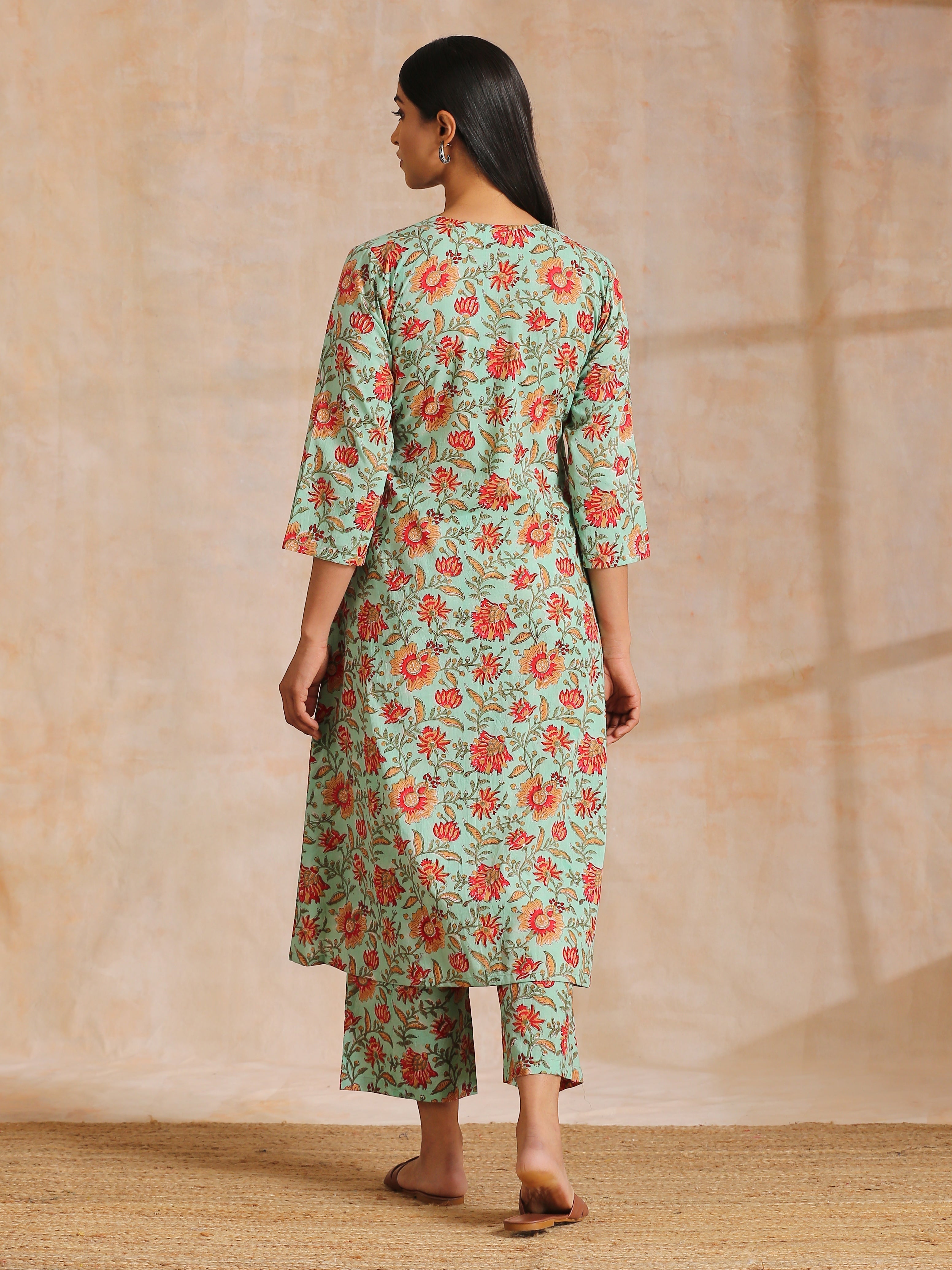 trueBrowns Seafoam Green Overall Floral Block Print Cotton Angrakha Pant Set | Grocsy