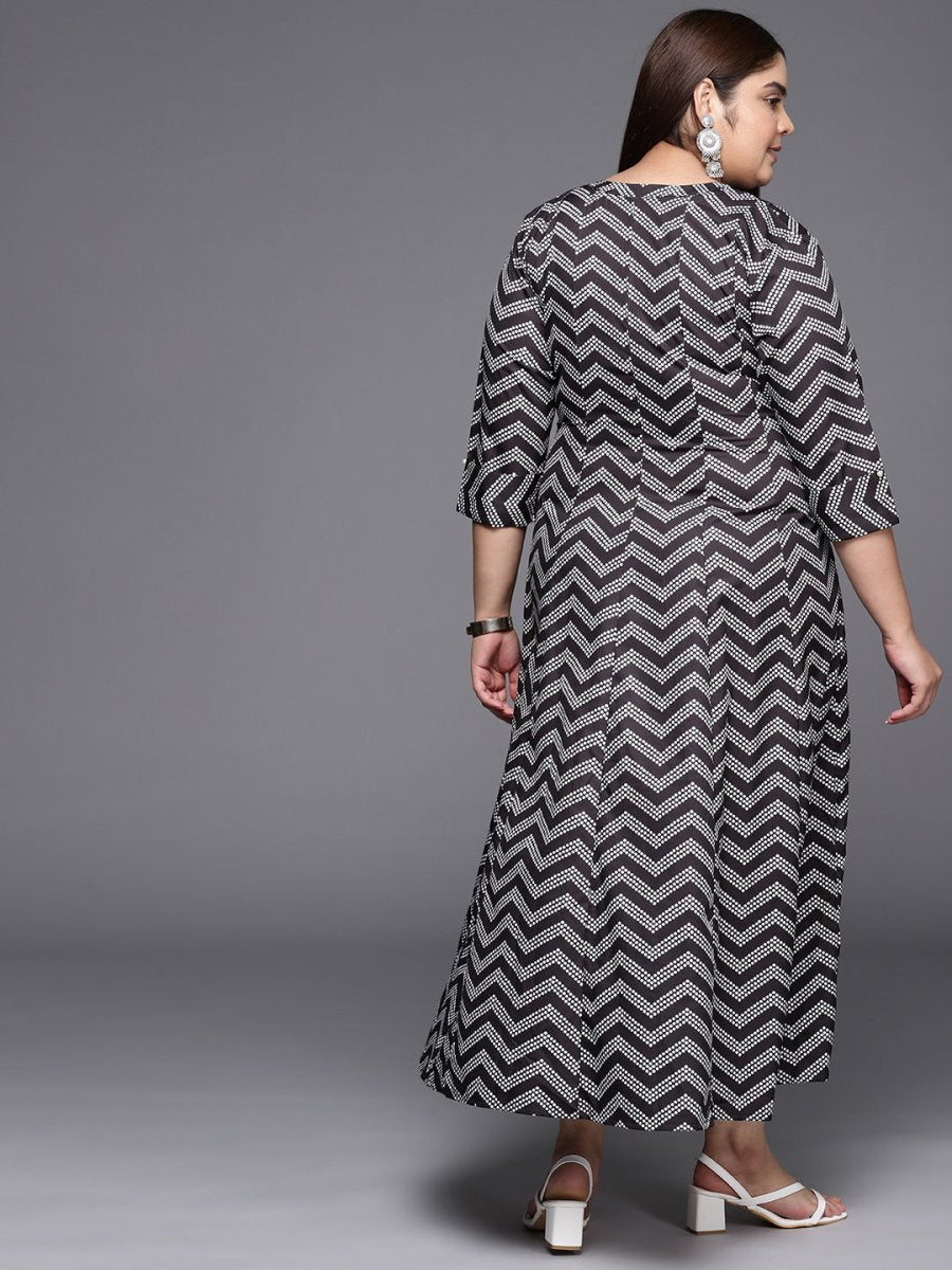 Ahalyaa Plus Size Chevron Print Crepe Mandarin Collar A-line Midi Ethnic Dress | Grocsy