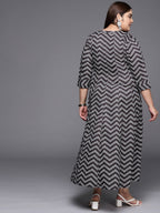 Ahalyaa Plus Size Chevron Print Crepe Mandarin Collar A-line Midi Ethnic Dress | Grocsy