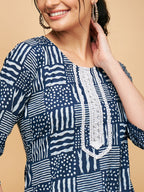 InWeave Women's Ankola Indigo With Tiles Hand Block Print Lace Straight Kurta | Grocsy