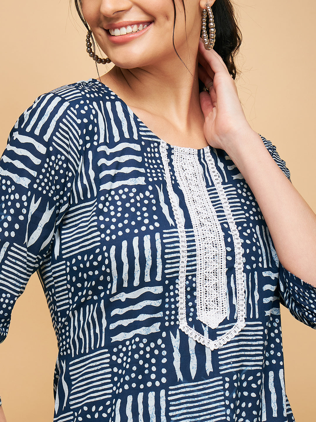 InWeave Women's Ankola Indigo With Tiles Hand Block Print Lace Straight Kurta | Grocsy