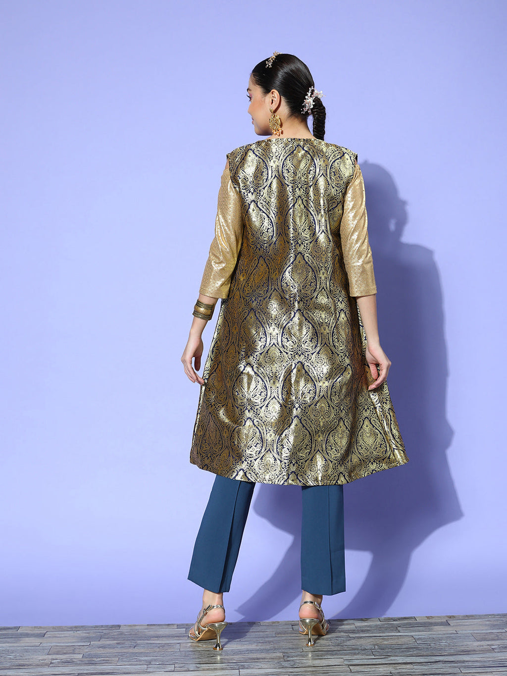 InWeave Women's Navy Brocade Jacket | Grocsy