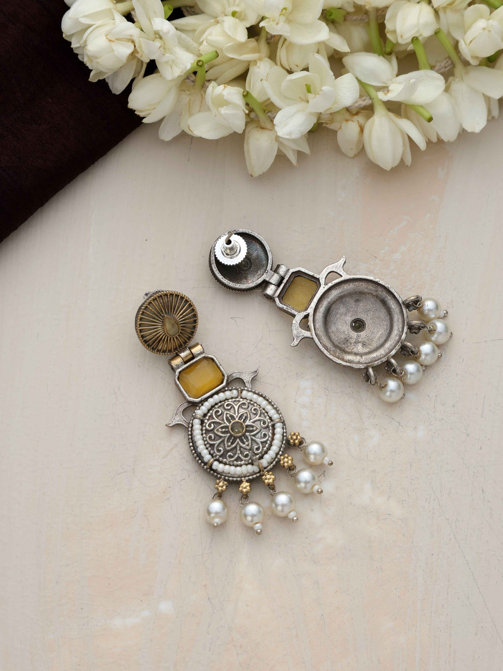 trueBrowns Silver Gold Tone Meenakari Pearl Drop Earrings | Grocsy