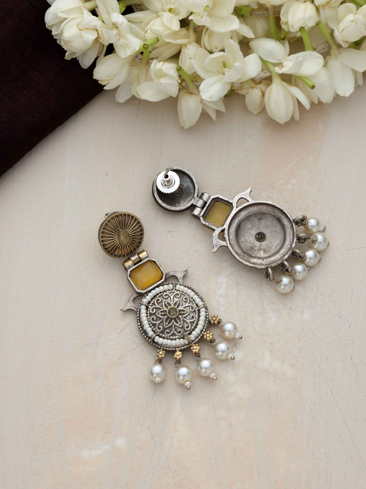 trueBrowns Silver Gold Tone Meenakari Pearl Drop Earrings | Grocsy