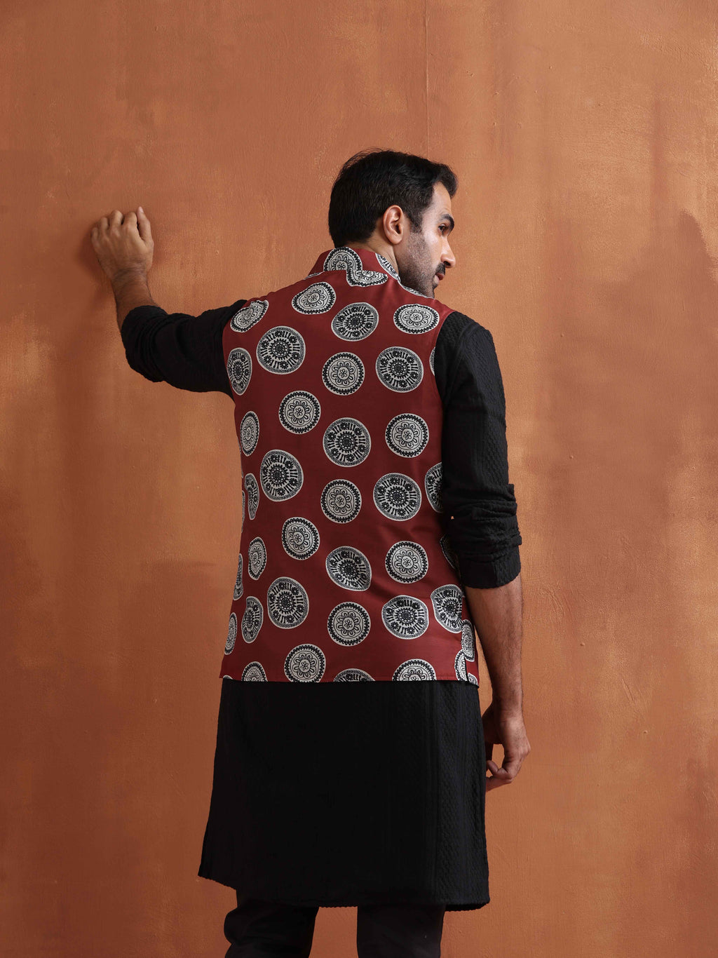 trueBrowns Men's Rust Printed Nehru Jacket | Grocsy