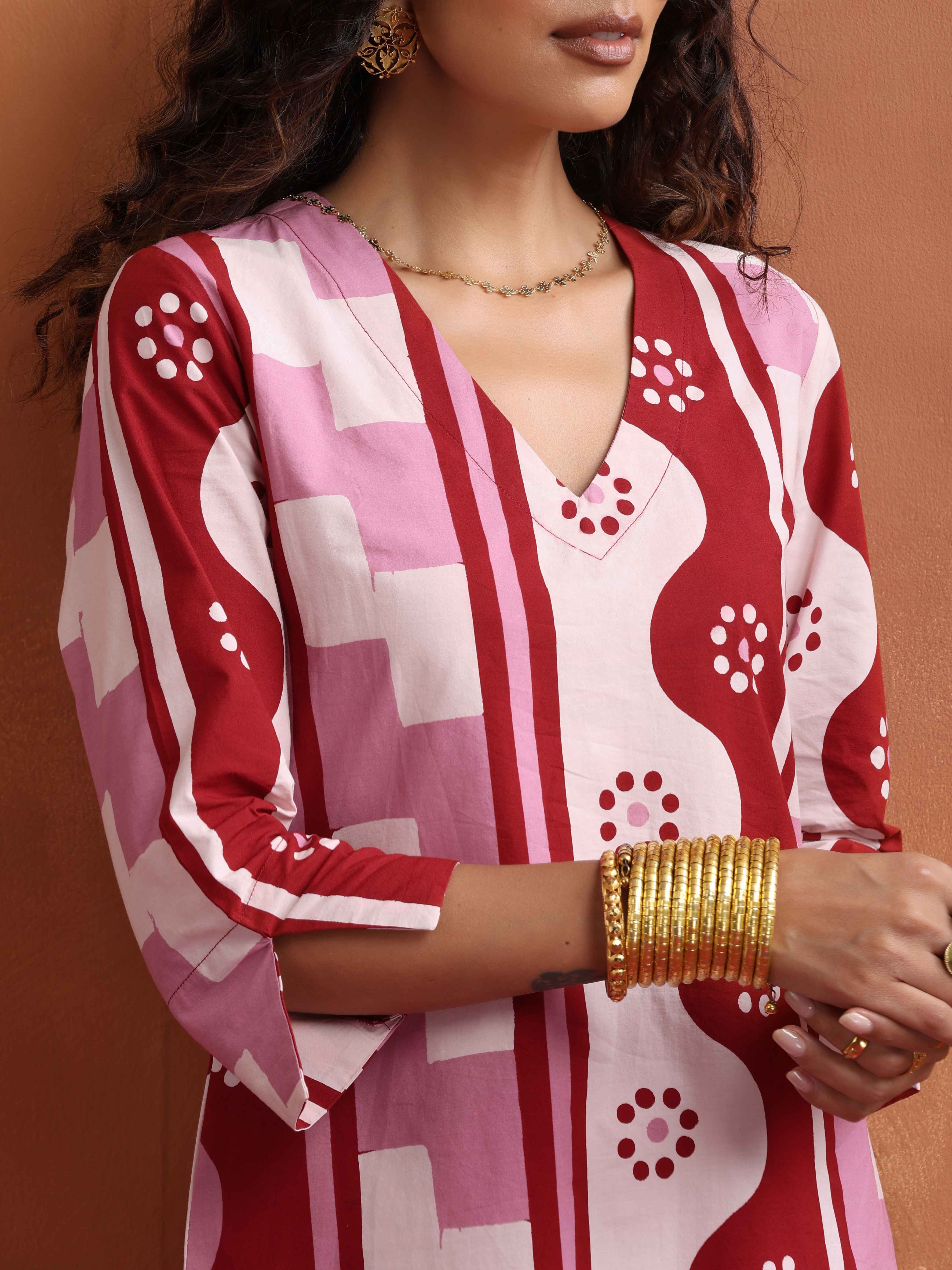 trueBrowns Pink Geometric Print Kurta Co-ord Set | Grocsy