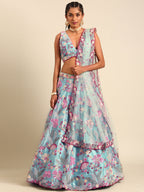 House of Panchhi Turquoise Blue Organza Sequins And Zarkan Embroidery Lehenga Choli & Dupatta | Grocsy