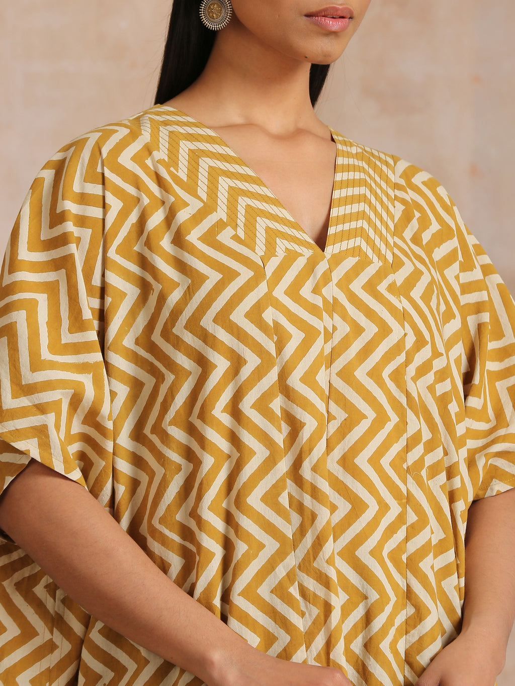 trueBrowns Mustard Dabu Zig-Zag Lines Print Cotton Panel Kaftan Kurta Pant Set | Grocsy