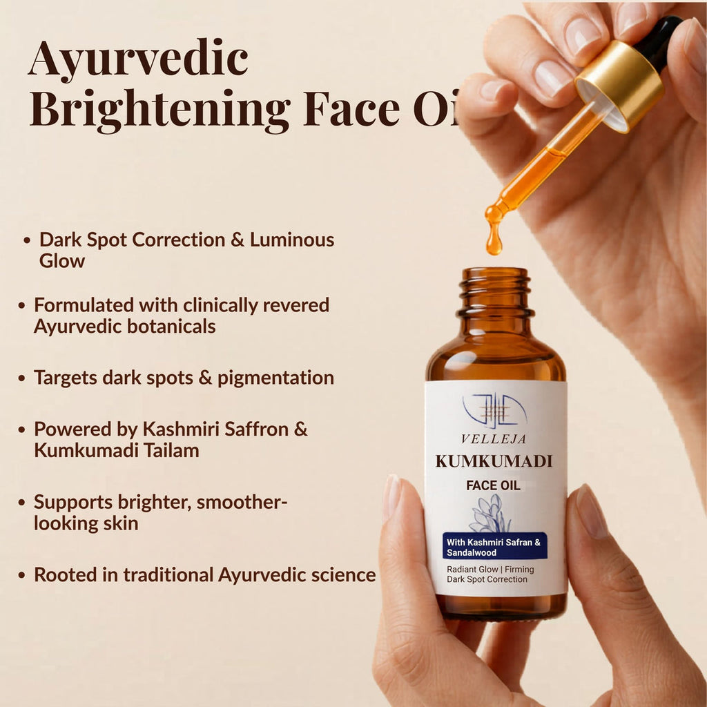 Velleja Kumkumadi Face Oil with Kashmiri Saffron & Sandalwood | Ayurvedic Anti Aging Face Serum for Brightening, Dark Spots & Pigmentation | Grocsy