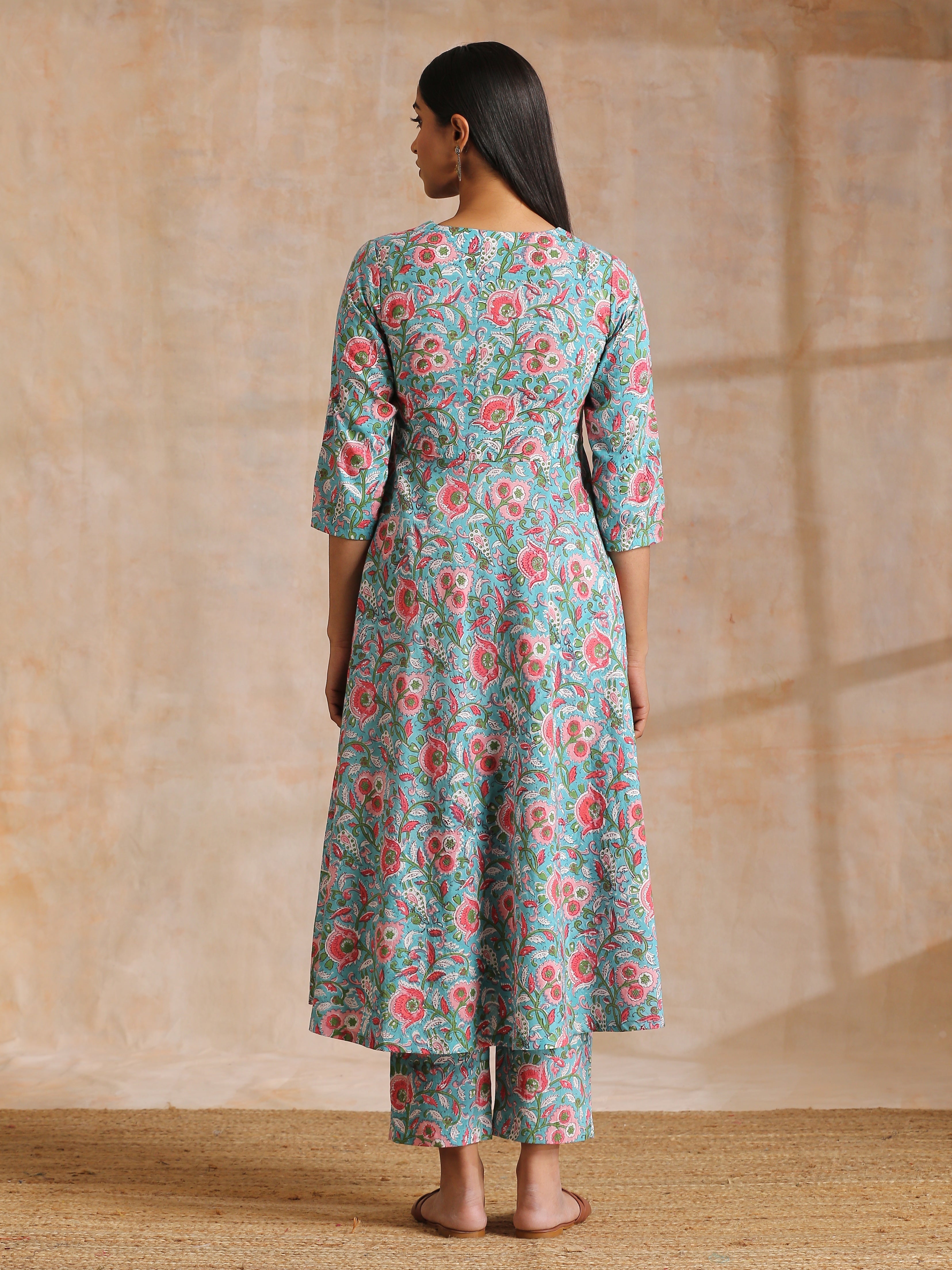trueBrowns Turkish Blue Overall Floral Block Print Cotton Flared Kurta Pant Set | Grocsy