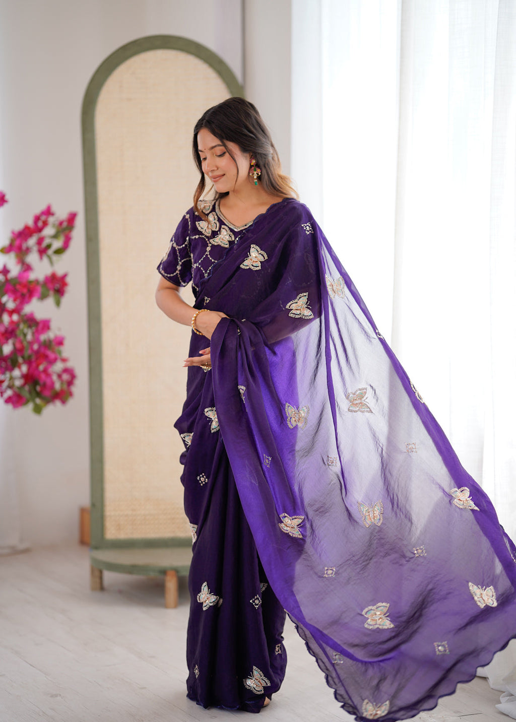Evanik Purple Mos Silk With Handwork Butterfly Design Saree With Unstitched Blouse | Grocsy