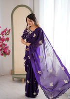 Evanik Purple Mos Silk With Handwork Butterfly Design Saree With Unstitched Blouse | Grocsy