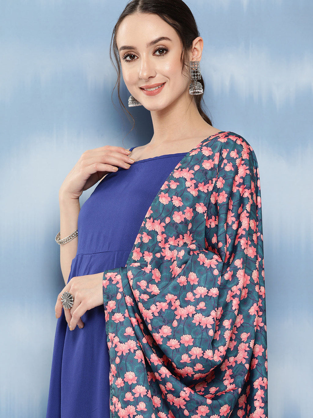 InWeave Women's Ink Blue Strappy Set With Navy Pink Lotus Cr Dupatta | Grocsy