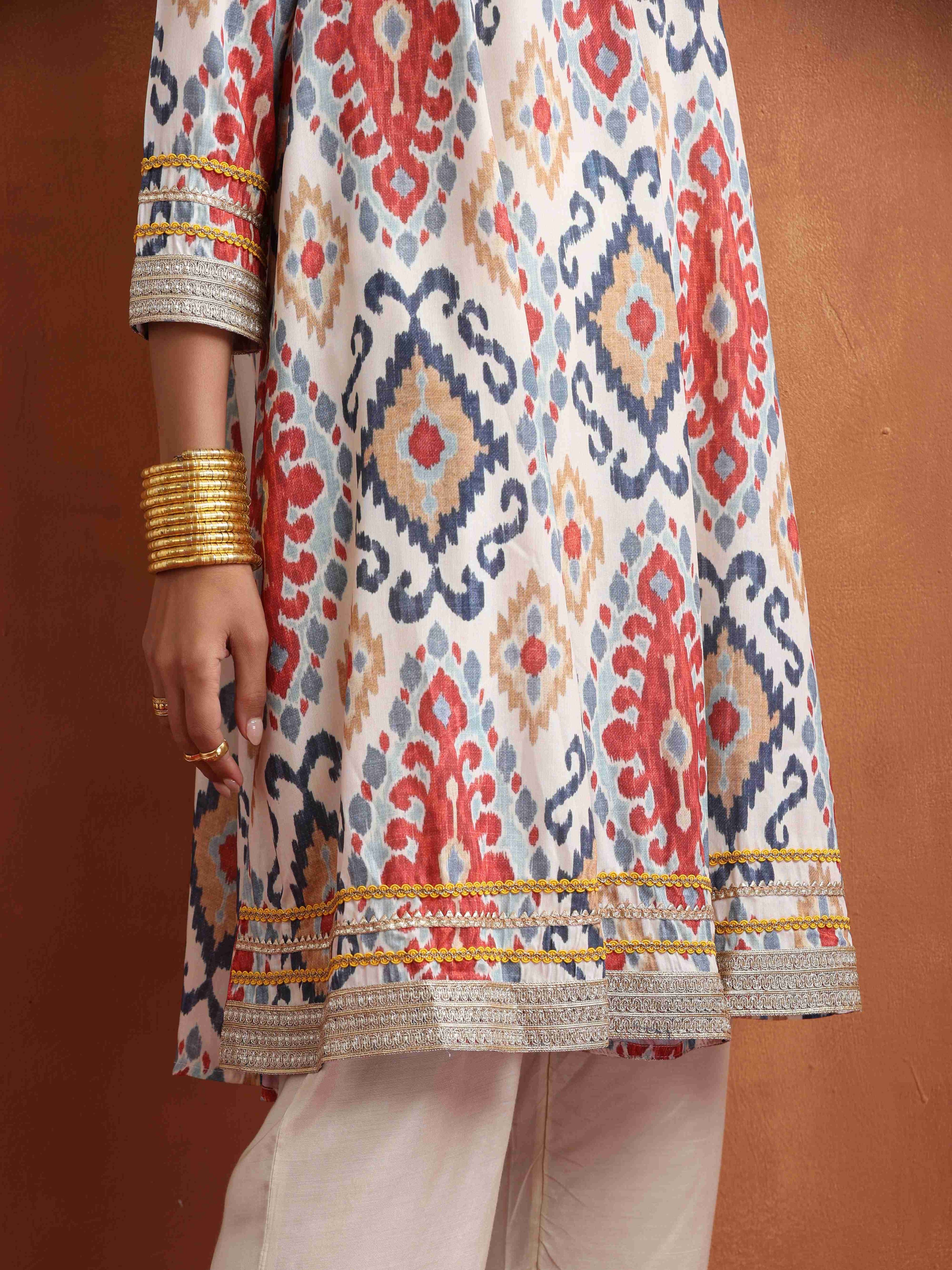 trueBrowns Off White Ikat Print Anarkali Kurta Co-ord Set | Grocsy