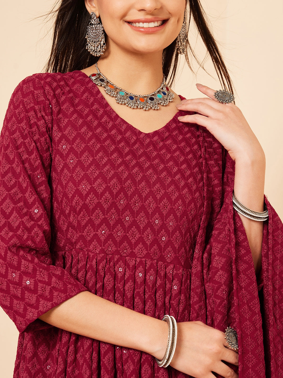 InWeave Women's Maroon Chikankari Long Anarkali Kurta Palazzo Set W Dupatta | Grocsy