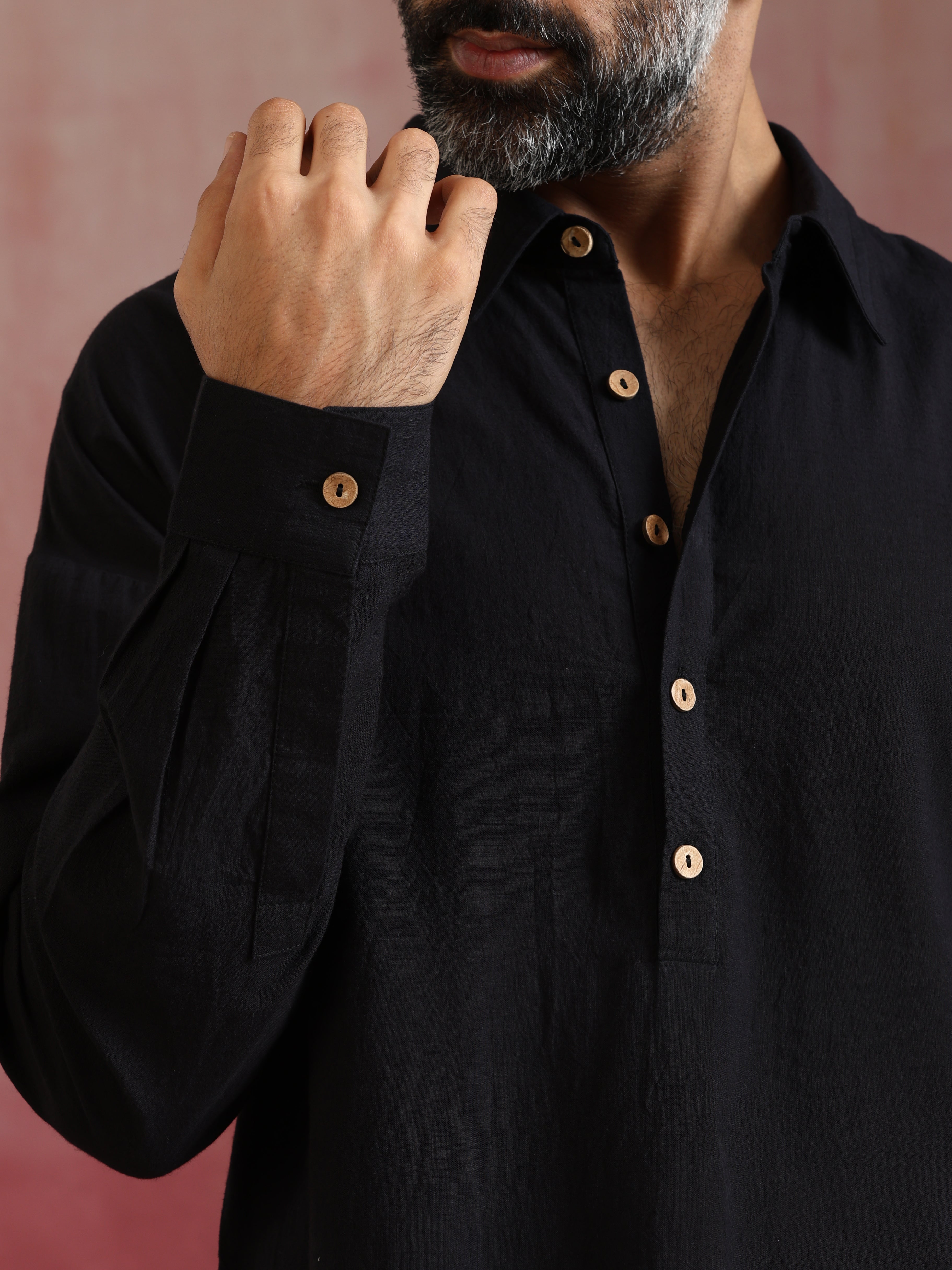 trueBrowns Men's Black Cotton Shirt Collar Stylized Kurta Co-ord set | Grocsy