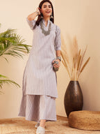 InWeave Women's Light Grey Lurex Kantha Mandarin Neck Kurta Palazzo Set | Grocsy