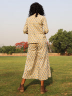 trueBrowns Light Sage Cotton Block Print Lapel Shirt Co-Ord Set | Grocsy