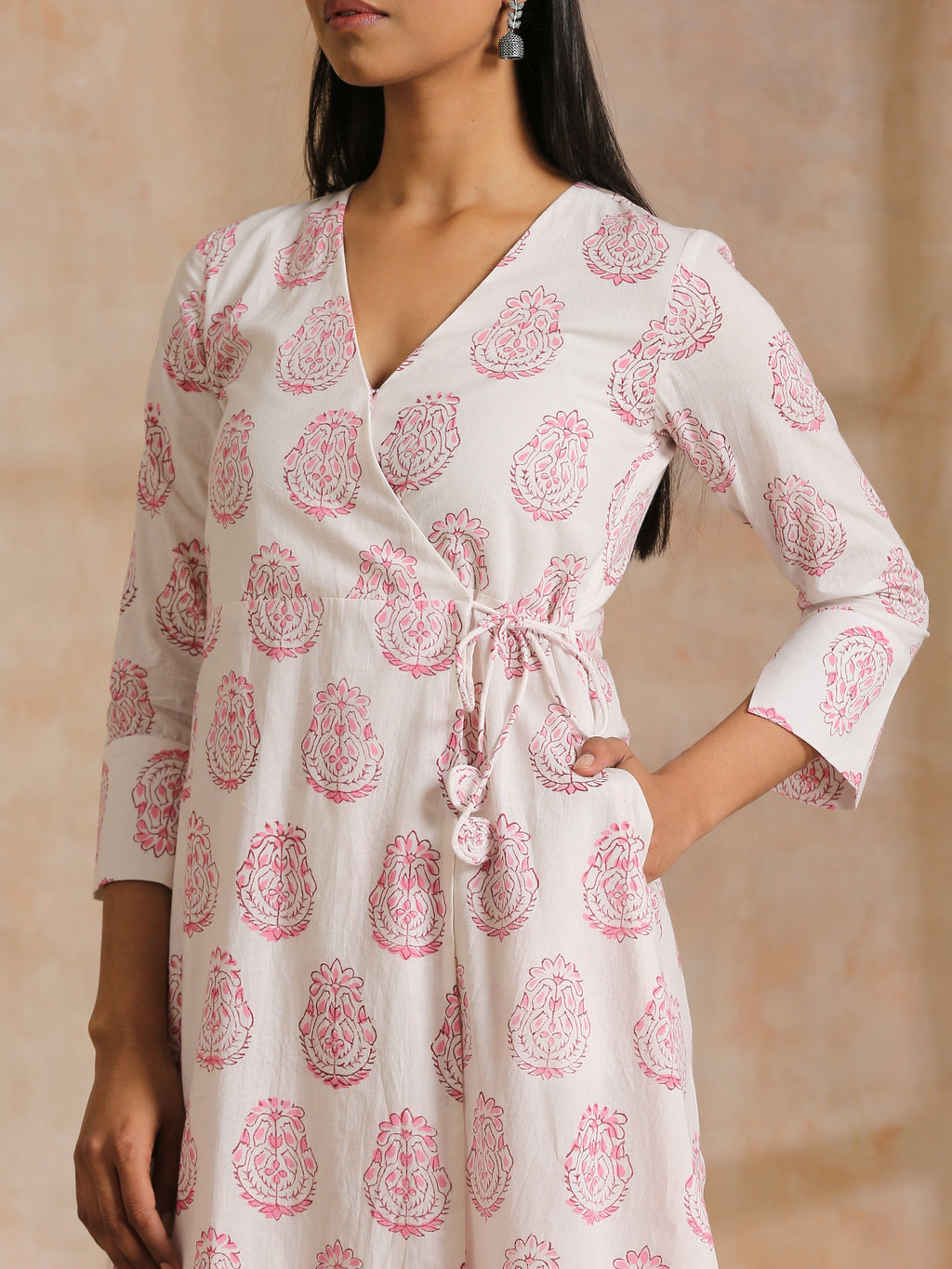 trueBrowns Pink Big Buta On White Print Cotton Angrakha Kurta Pant Set | Grocsy