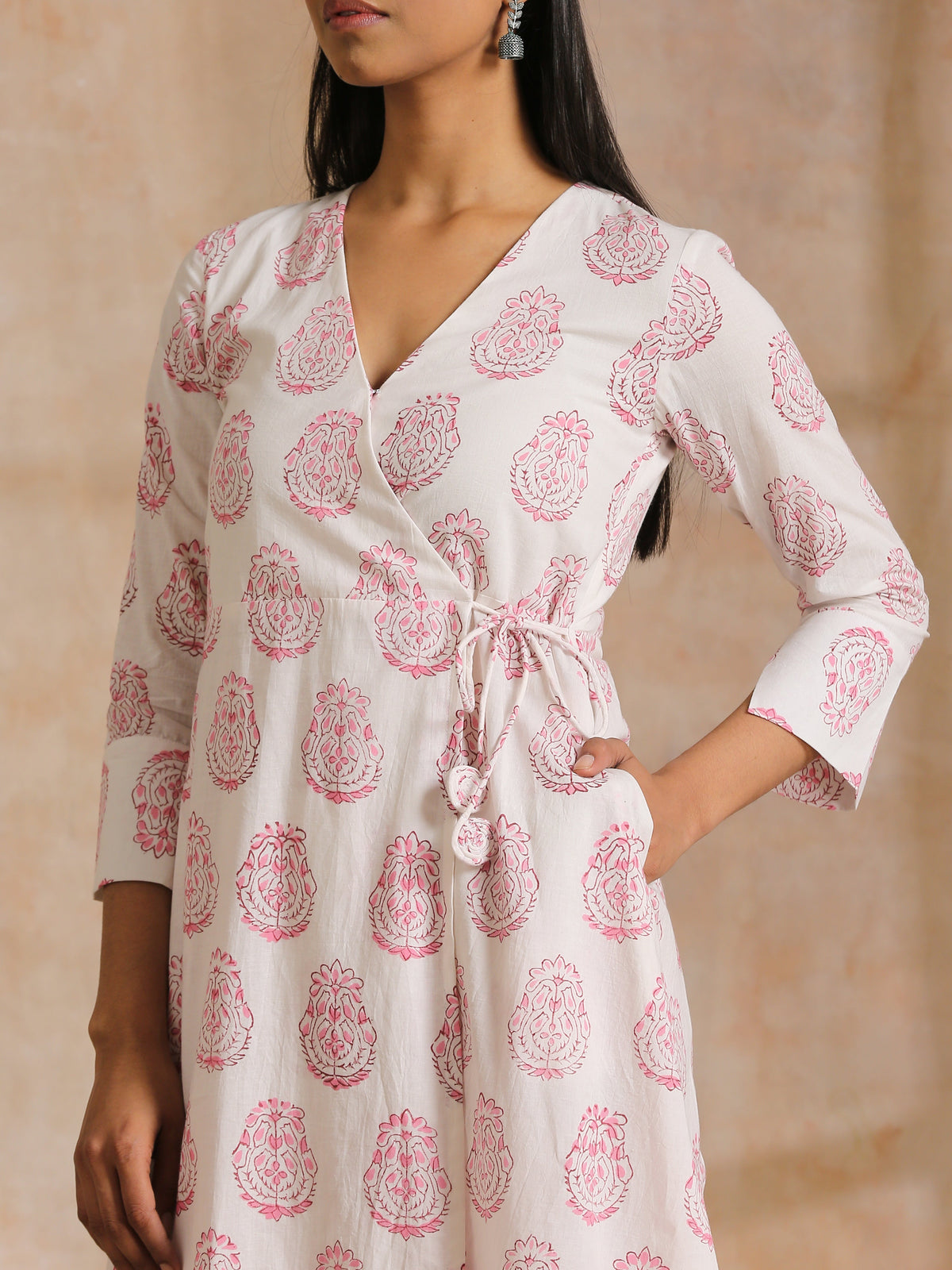 trueBrowns Pink Big Buta On White Print Cotton Angrakha Kurta Pant Set | Grocsy
