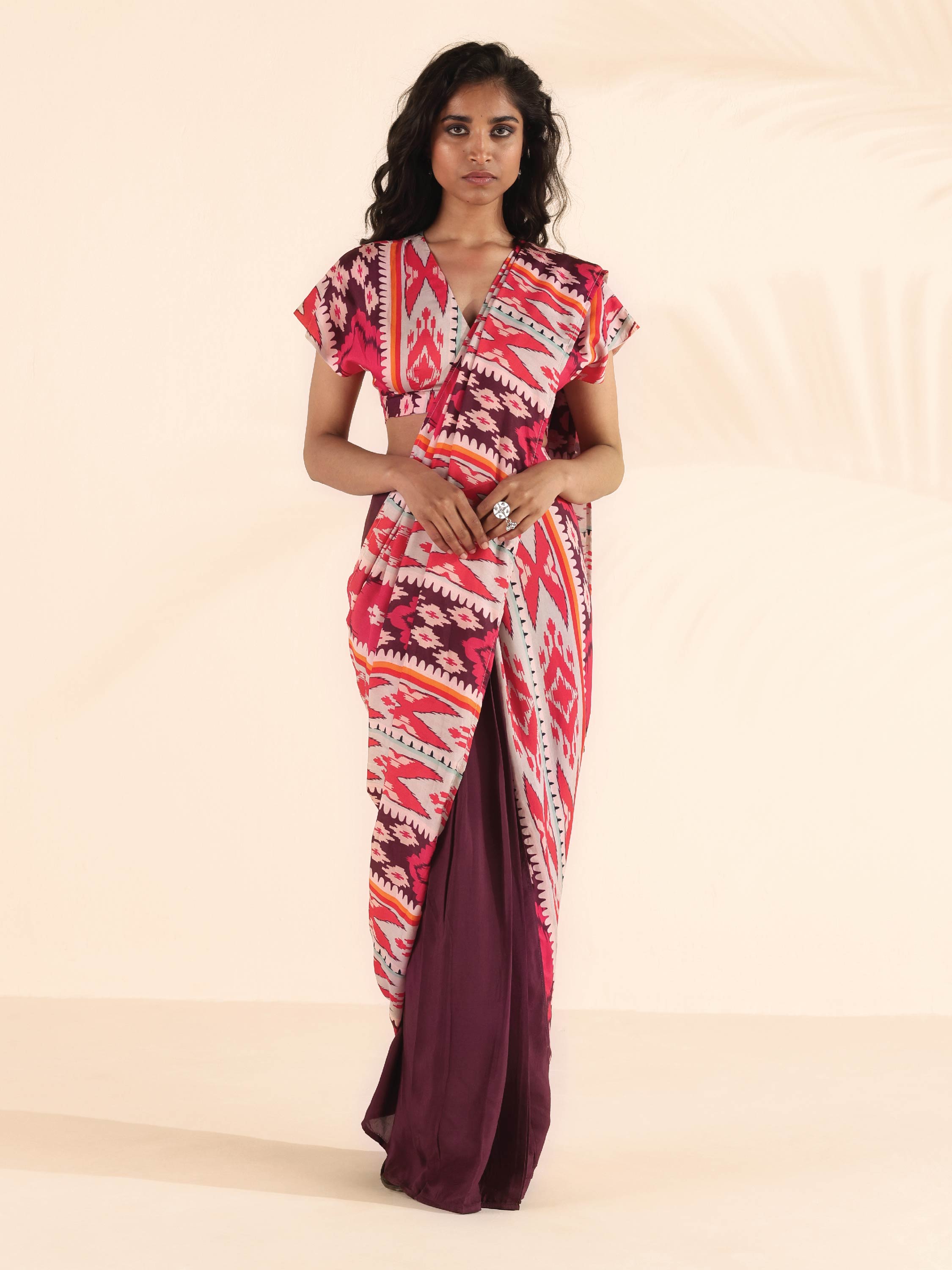 trueBrowns Maroon Muslin Ikat Ready to Wear Saree | Grocsy