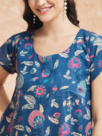 InWeave Women's Blue Pink Kalamkari A Line Dress | Grocsy