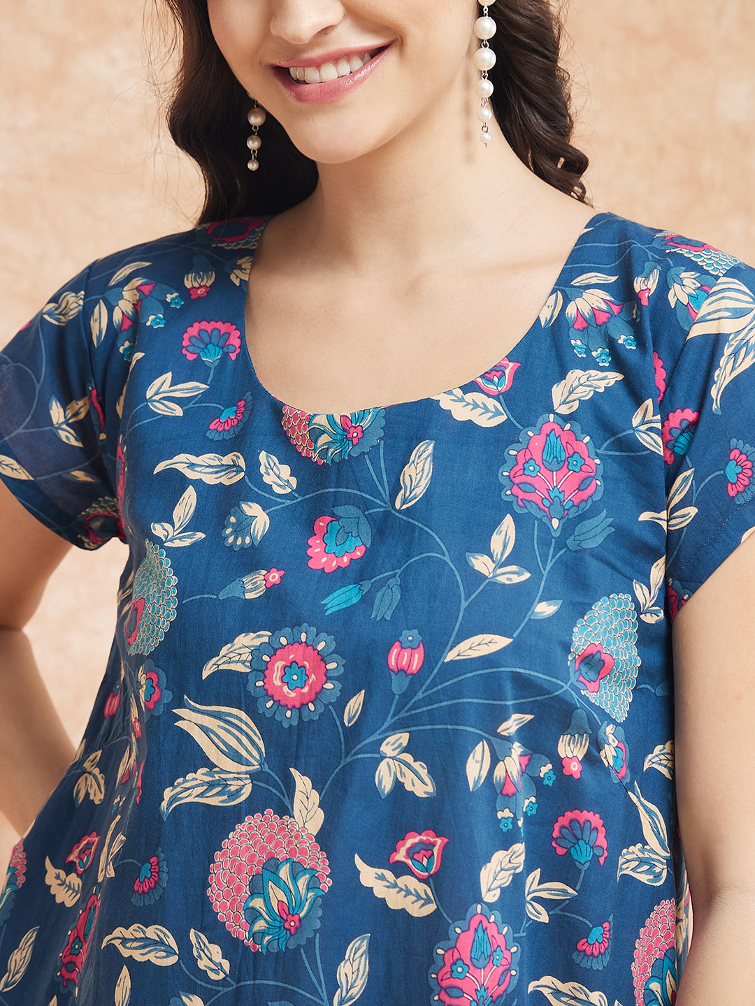 InWeave Women's Blue Pink Kalamkari A Line Dress | Grocsy