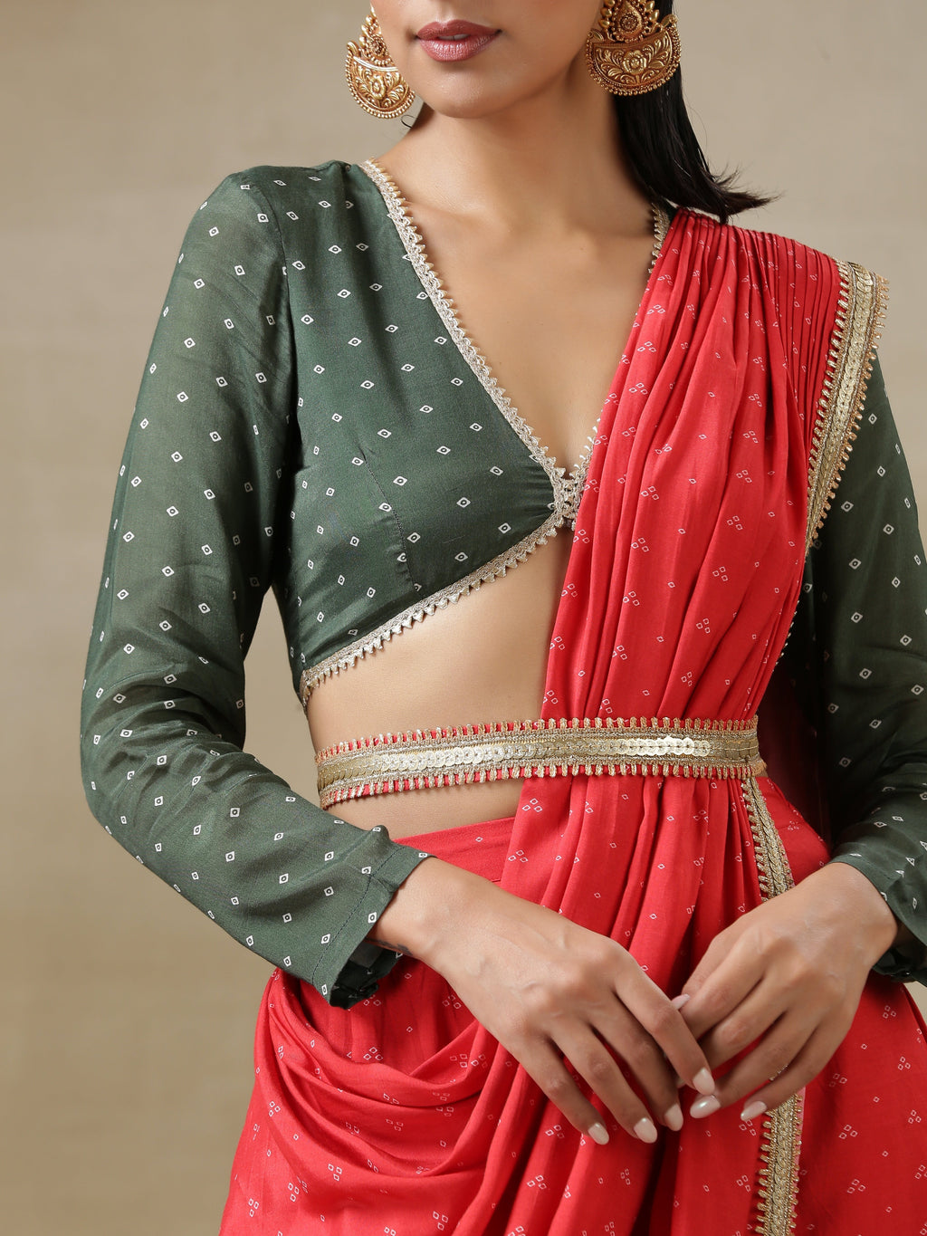trueBrowns Red Bandhani Printed Silk Skirt Stitched Saree with Belt | Grocsy