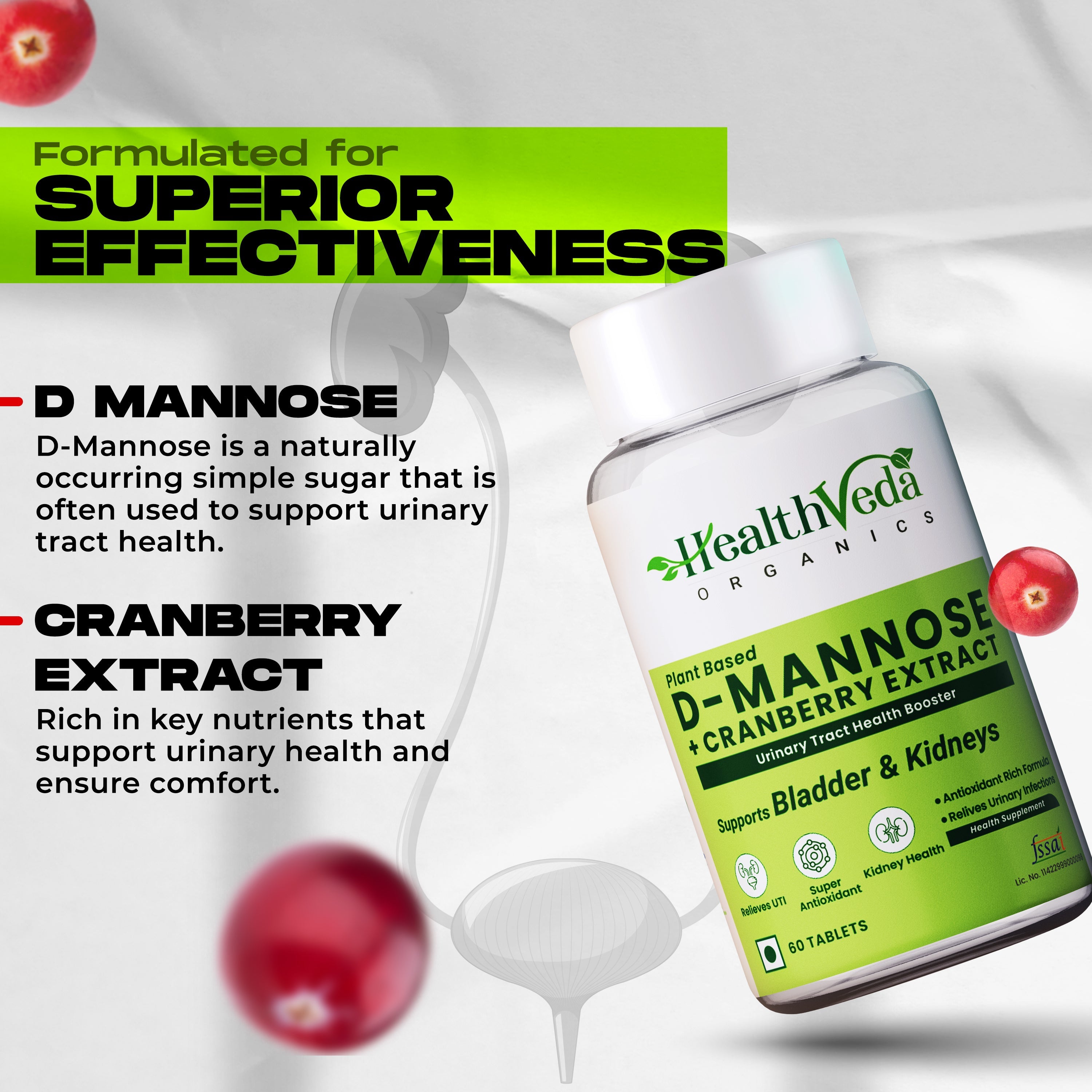 Health Veda Organics D-Mannose + Cranberry Extract Tablets | Grocsy