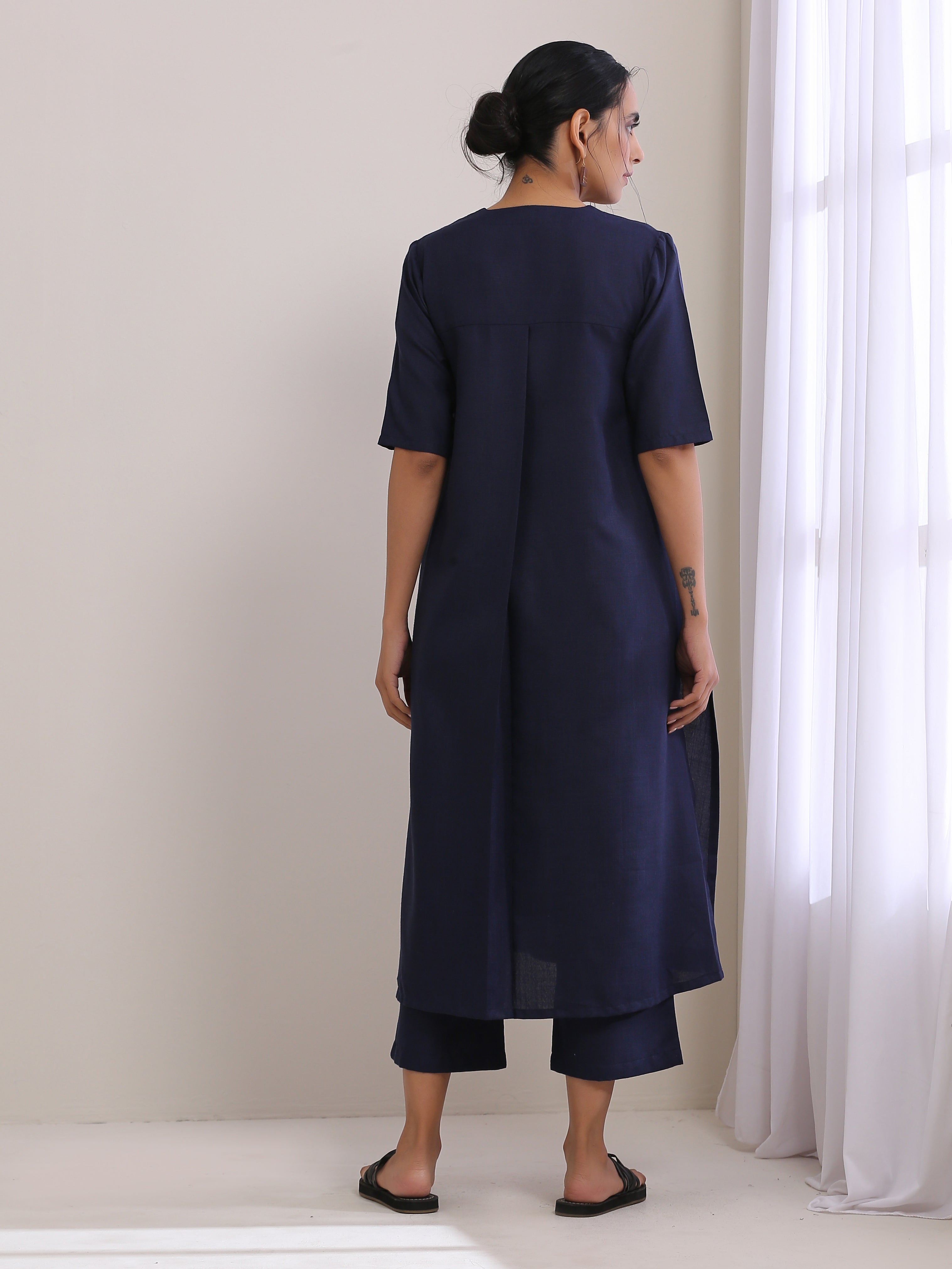 trueBrowns Blue Slub High Slit Kurta Pant Set | Grocsy