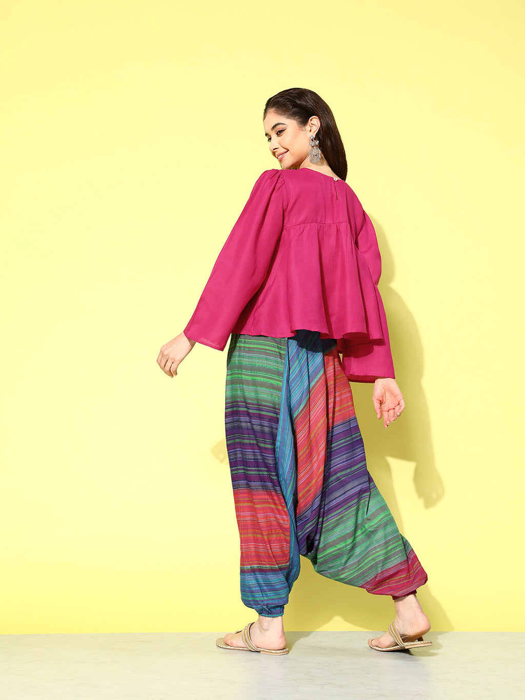 InWeave Women's Magenta Top With Multi Clr Harem Set | Grocsy