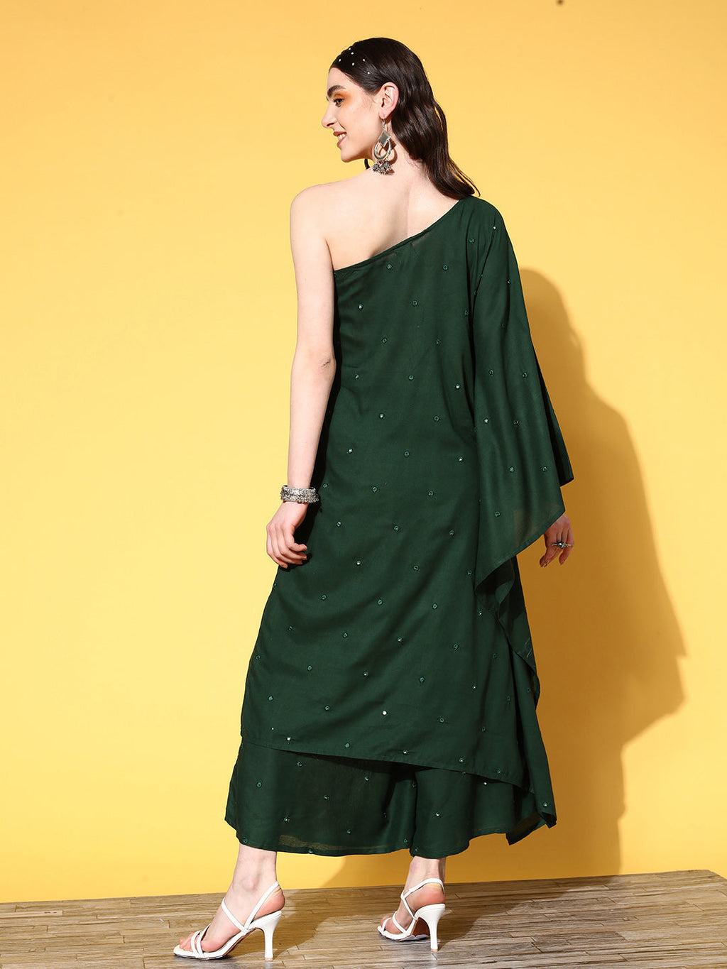 InWeave Women's Green Mirror Work One Shoulder Kurta Set | Grocsy
