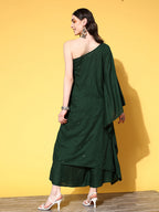 InWeave Women's Green Mirror Work One Shoulder Kurta Set | Grocsy
