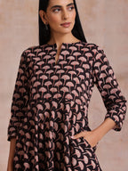 trueBrowns Black Floral Bagru Print Cotton Flared Kurta Pant Set | Grocsy