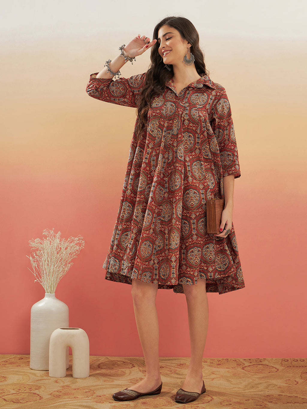 InWeave Women's Maroon Mughal Kalamkari Flared Dress | Grocsy