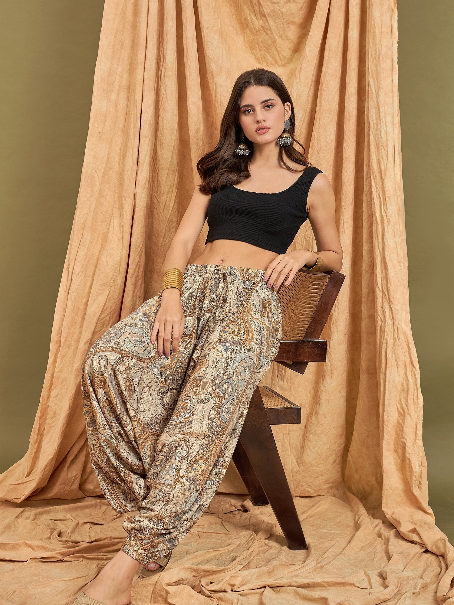 InWeave Beige Paisley Flower Harem Pant | Grocsy