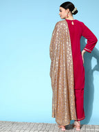 InWeave Women's Fuschia Velvet Kurta Set With Grey Gold Georgette Dupatta | Grocsy