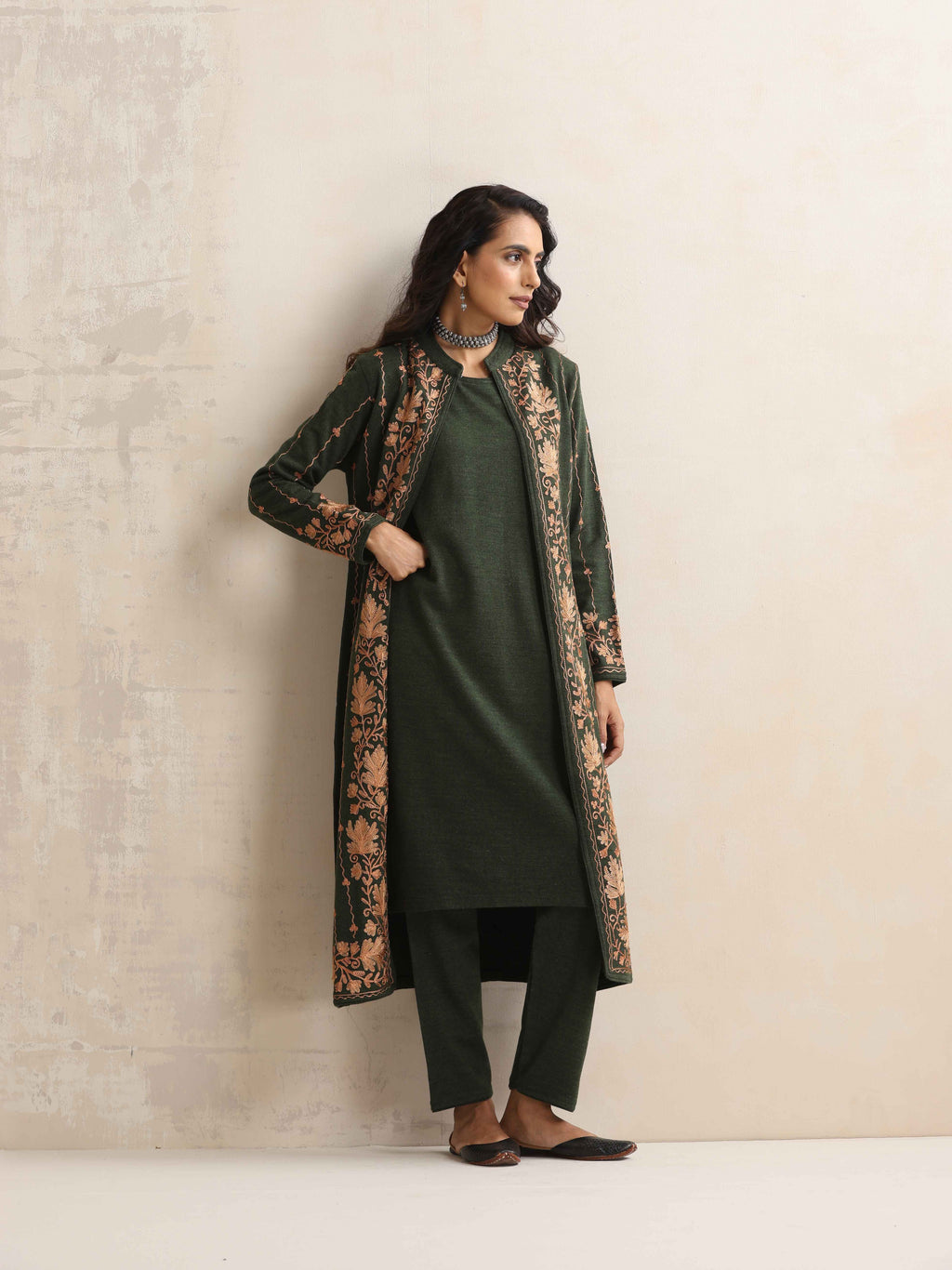 trueBrowns Green Kashmiri Woollen Jacket 3pc Set | Grocsy