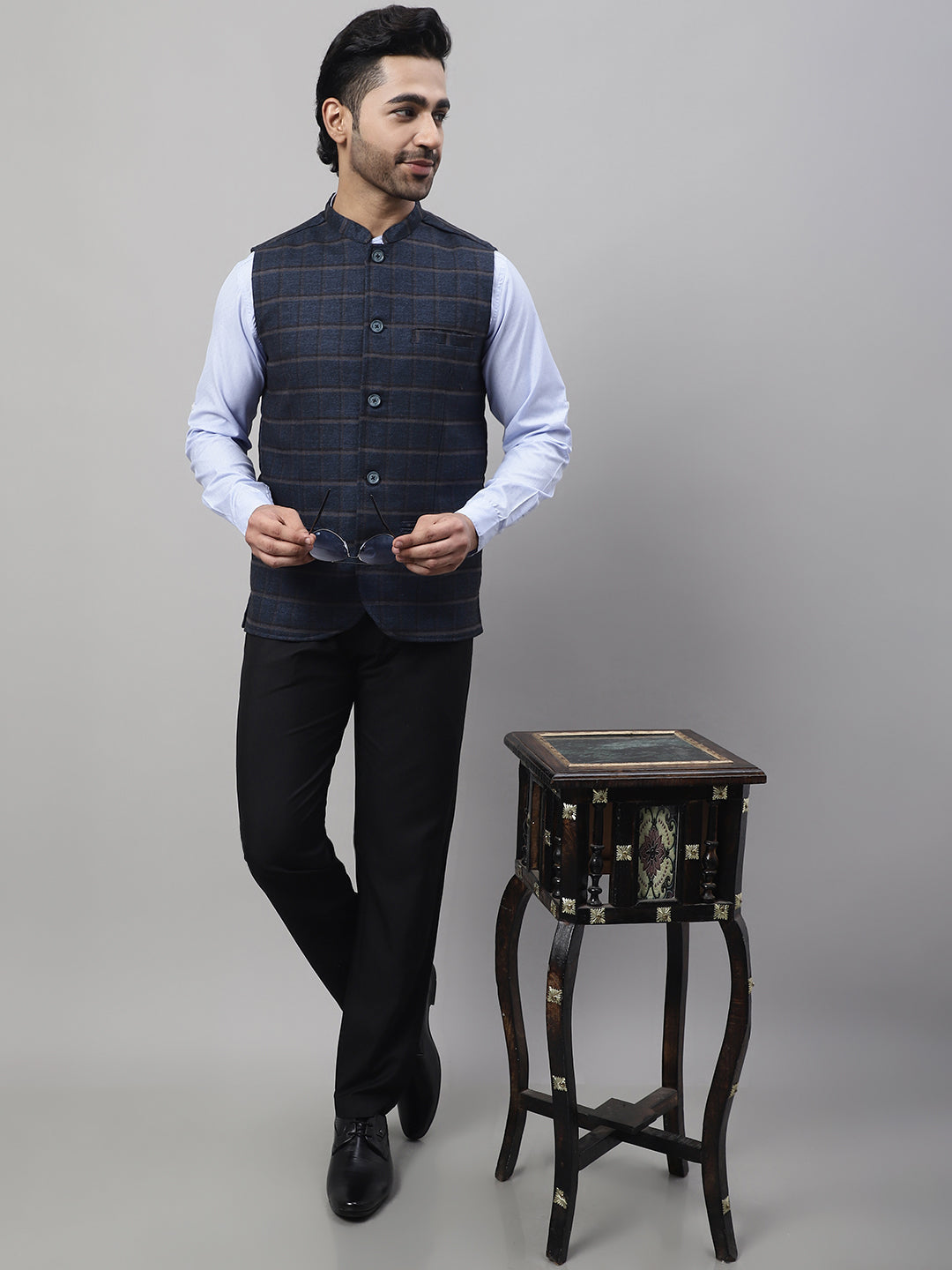 Even Apparels Men's Blue Nehru Jacket With Welt Pockets | Grocsy