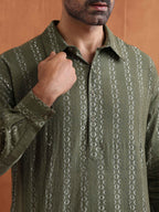 trueBrowns Men's Olive Green Cotton Dobby Short Kurta | Grocsy